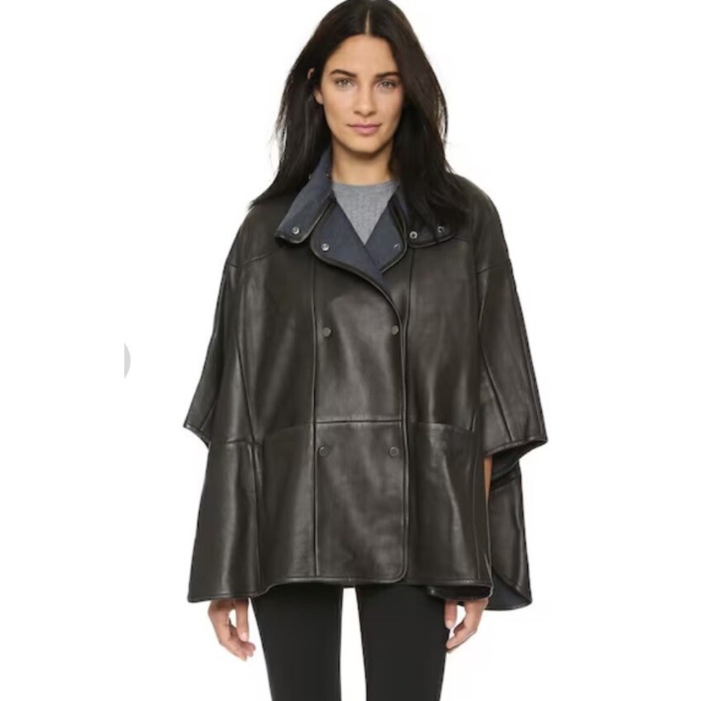 NWT VINCE Black Leather Snap CAPE Coat Jacket Rockabilly Barbiecore Biker